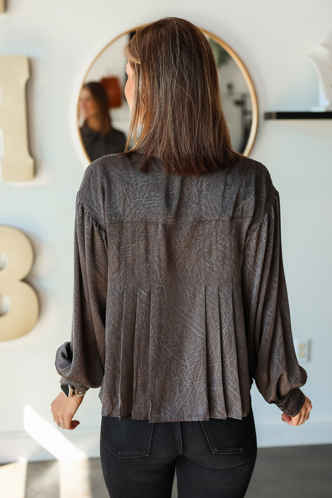 Tie Neck Pleated Blouse - Charcoal