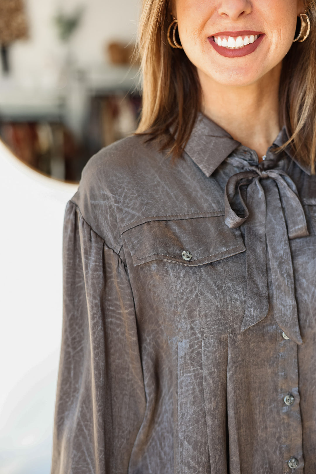 Tie Neck Pleated Blouse - Charcoal