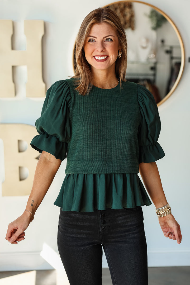 Mixed Media Balloon Sleeve Top - Green