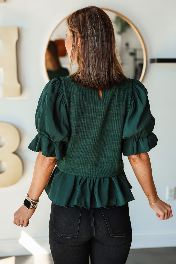 Mixed Media Balloon Sleeve Top - Green