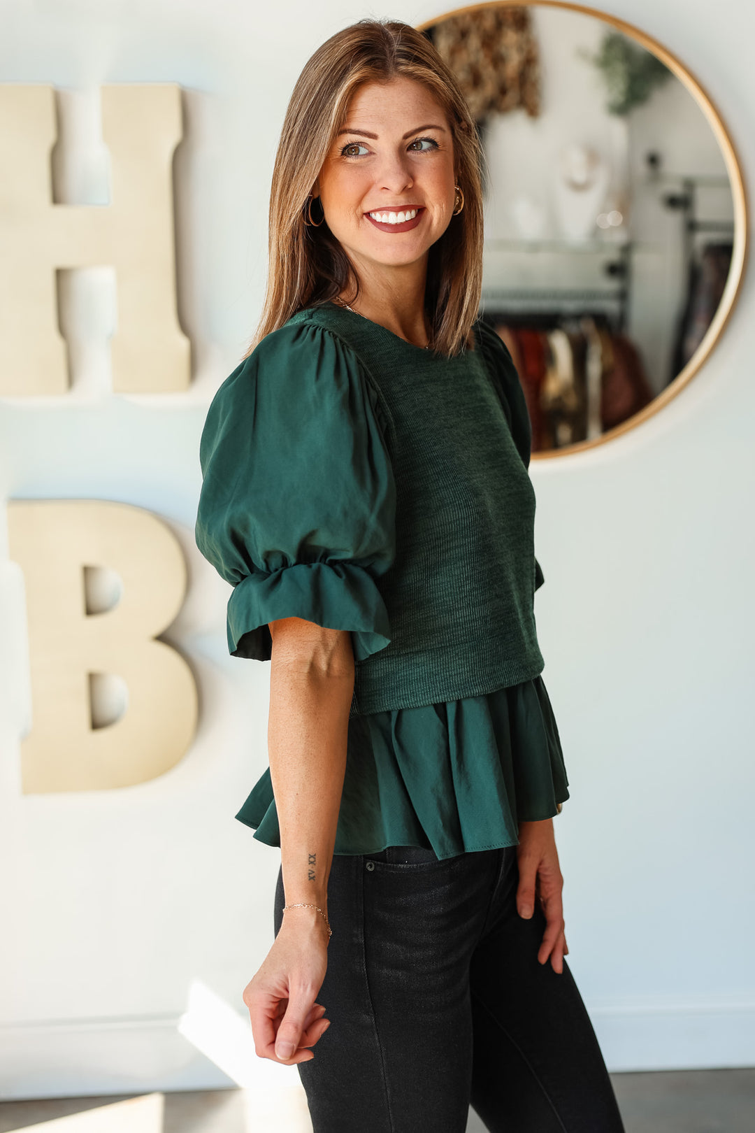 Mixed Media Balloon Sleeve Top - Green