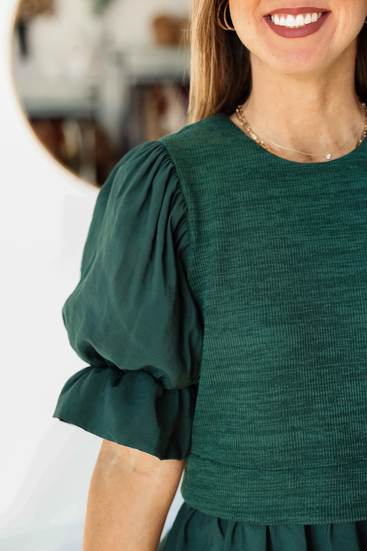 Mixed Media Balloon Sleeve Top - Green