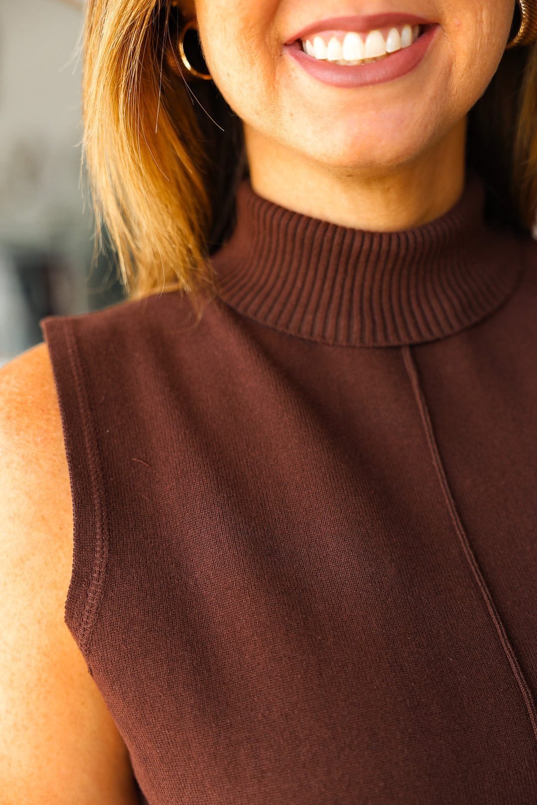 Roll Neck Knit Top - Brown