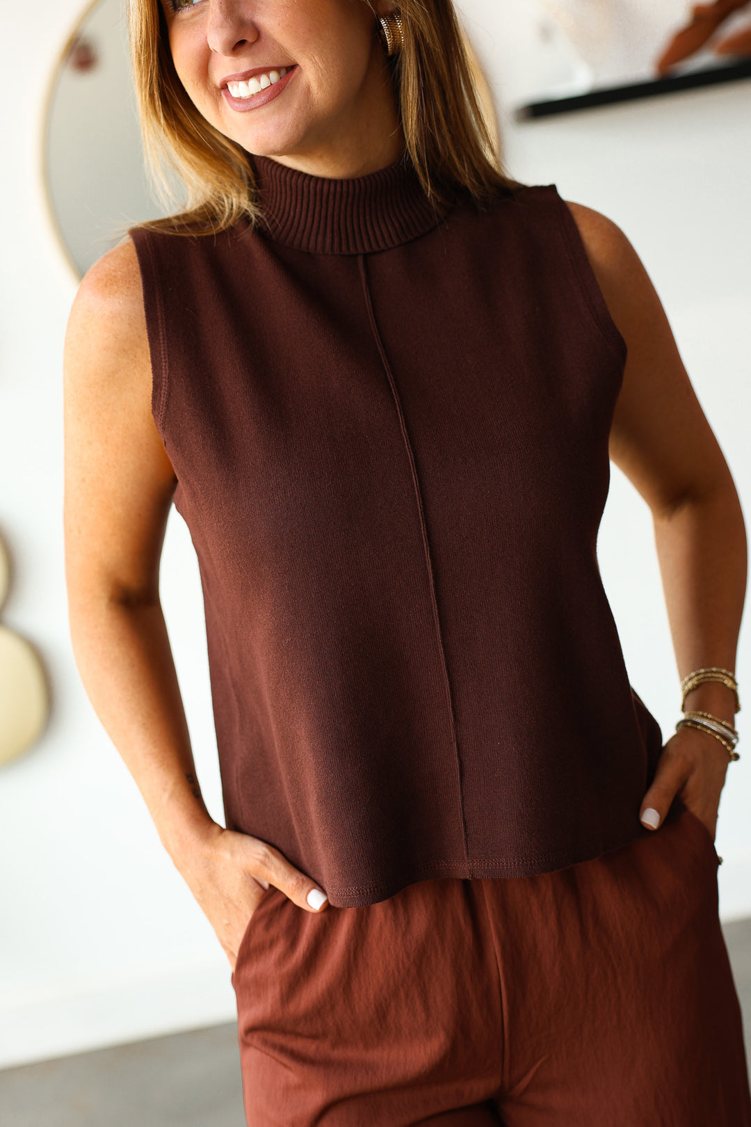 Roll Neck Knit Top - Brown
