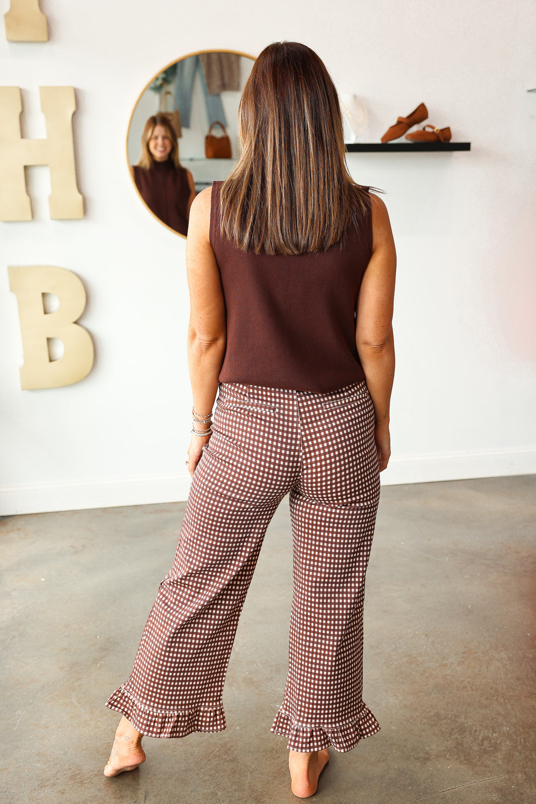 Ruffle Hem Gingham Pants - Brown