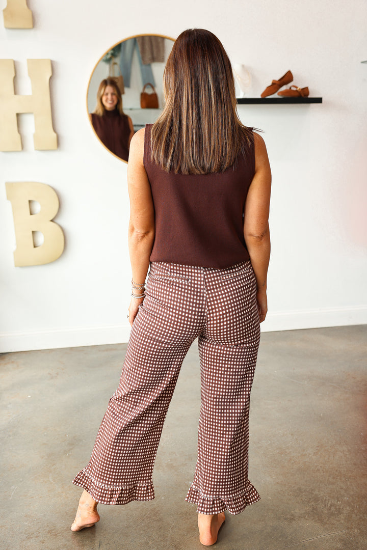 Ruffle Hem Gingham Pants - Brown