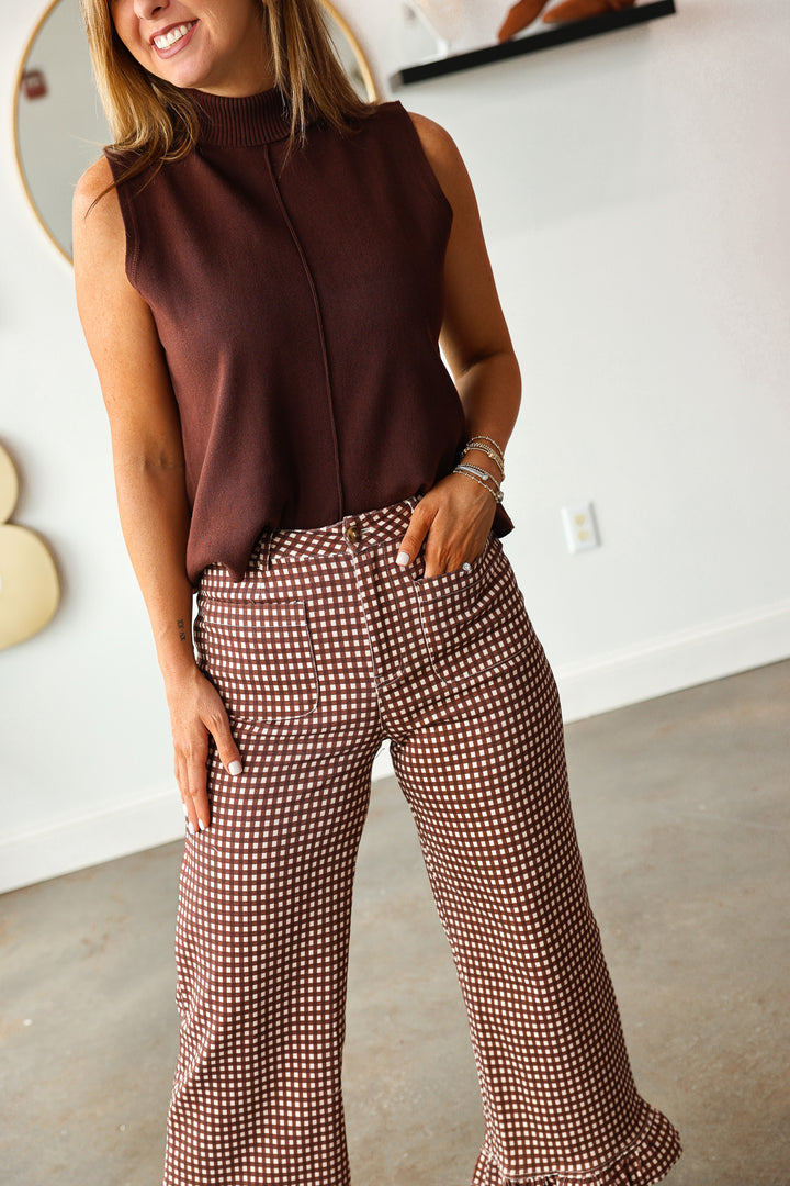 Ruffle Hem Gingham Pants - Brown