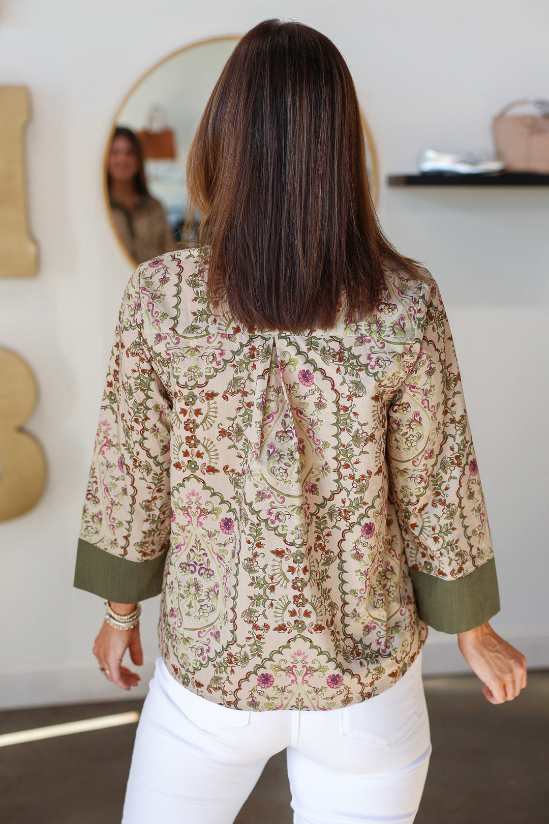 Contrast Trim Pattern Top - Olive