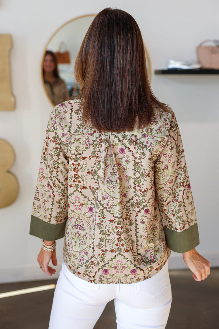 Contrast Trim Pattern Top - Olive