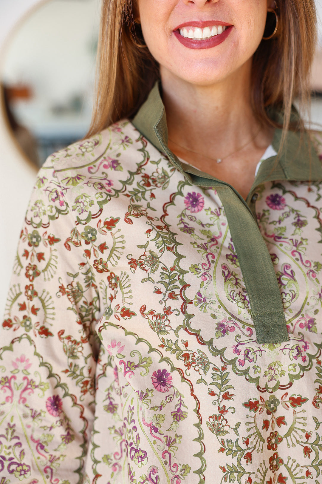 Contrast Trim Pattern Top - Olive