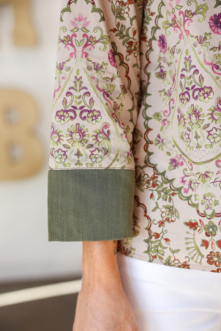 Contrast Trim Pattern Top - Olive