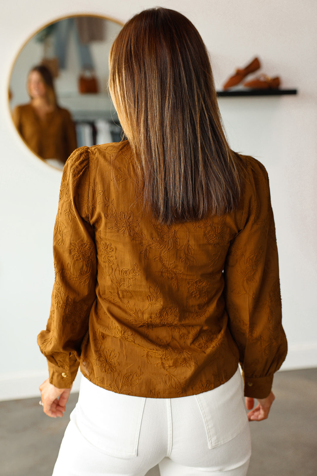Embroidered Button Front Top - Brown