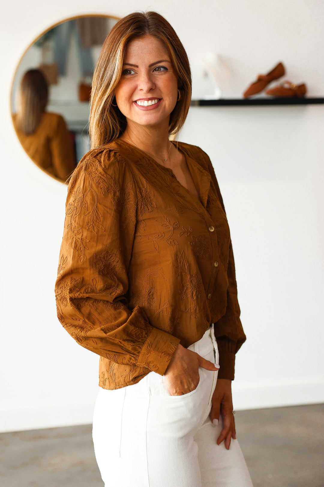 Embroidered Button Front Top - Brown