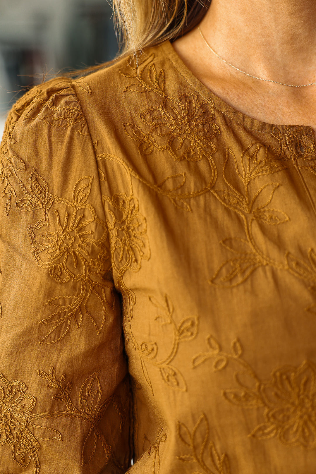 Embroidered Button Front Top - Brown