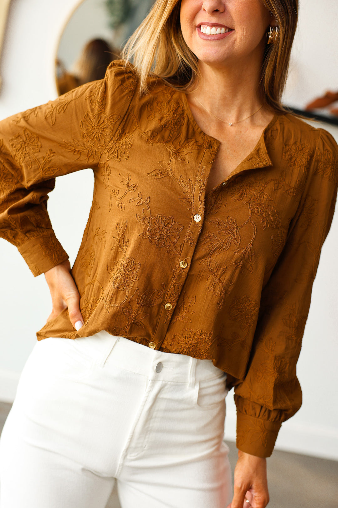 Embroidered Button Front Top - Brown