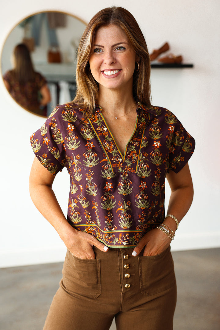 Printed V Neck Top - Eggplant
