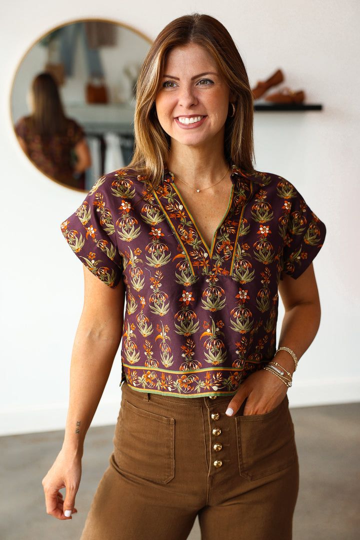 Printed V Neck Top - Eggplant