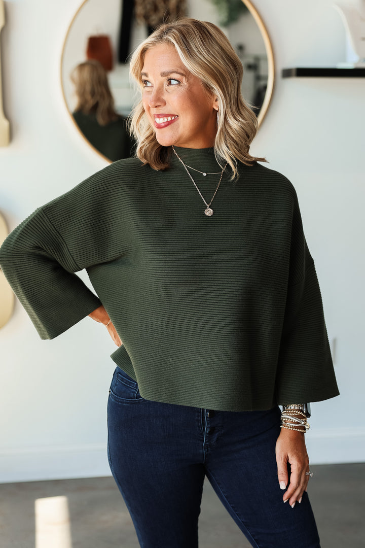 Ribbed Mock Neck Sweater - Green