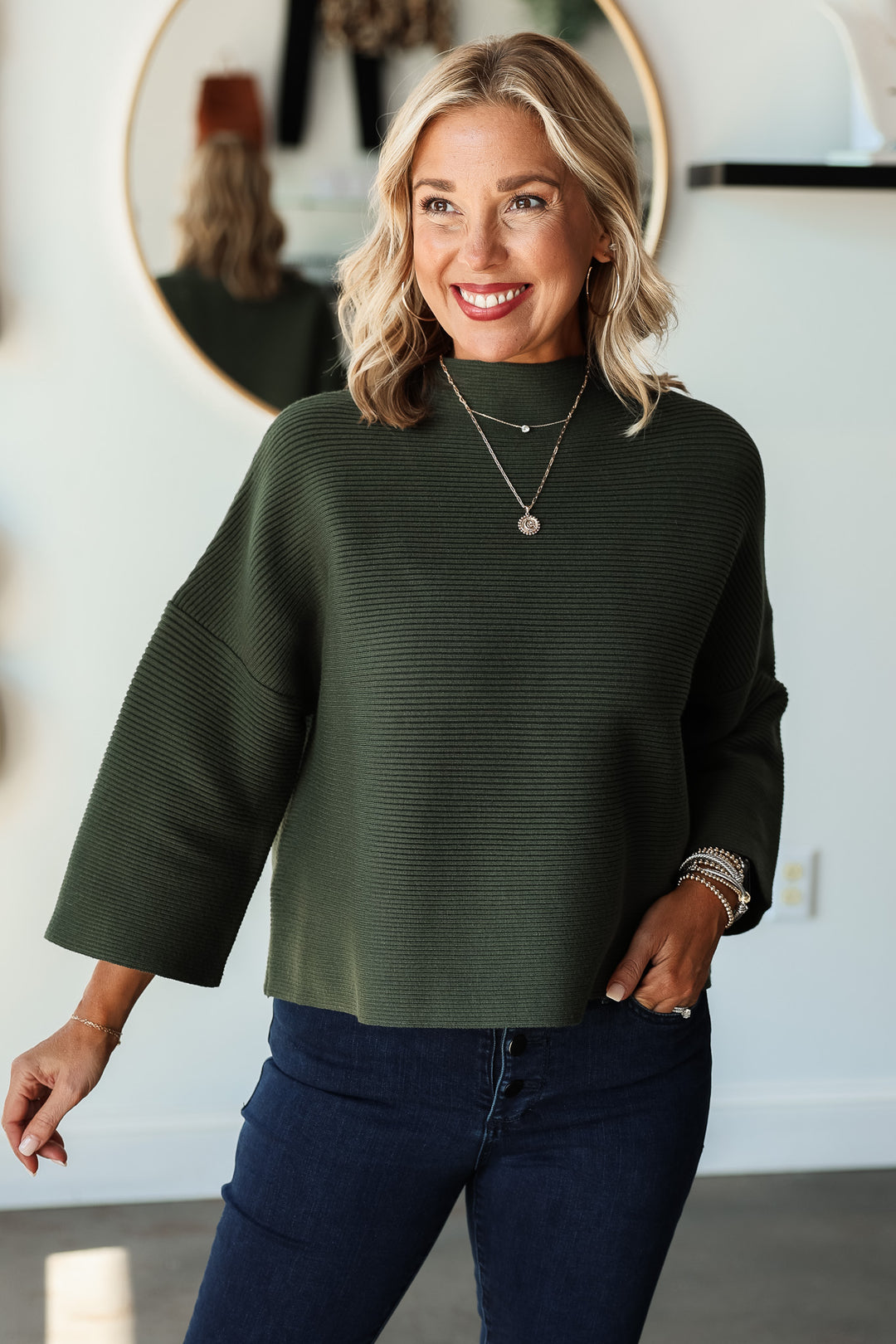 Ribbed Mock Neck Sweater - Green