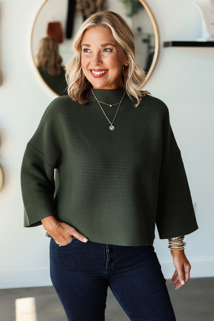 Ribbed Mock Neck Sweater - Green