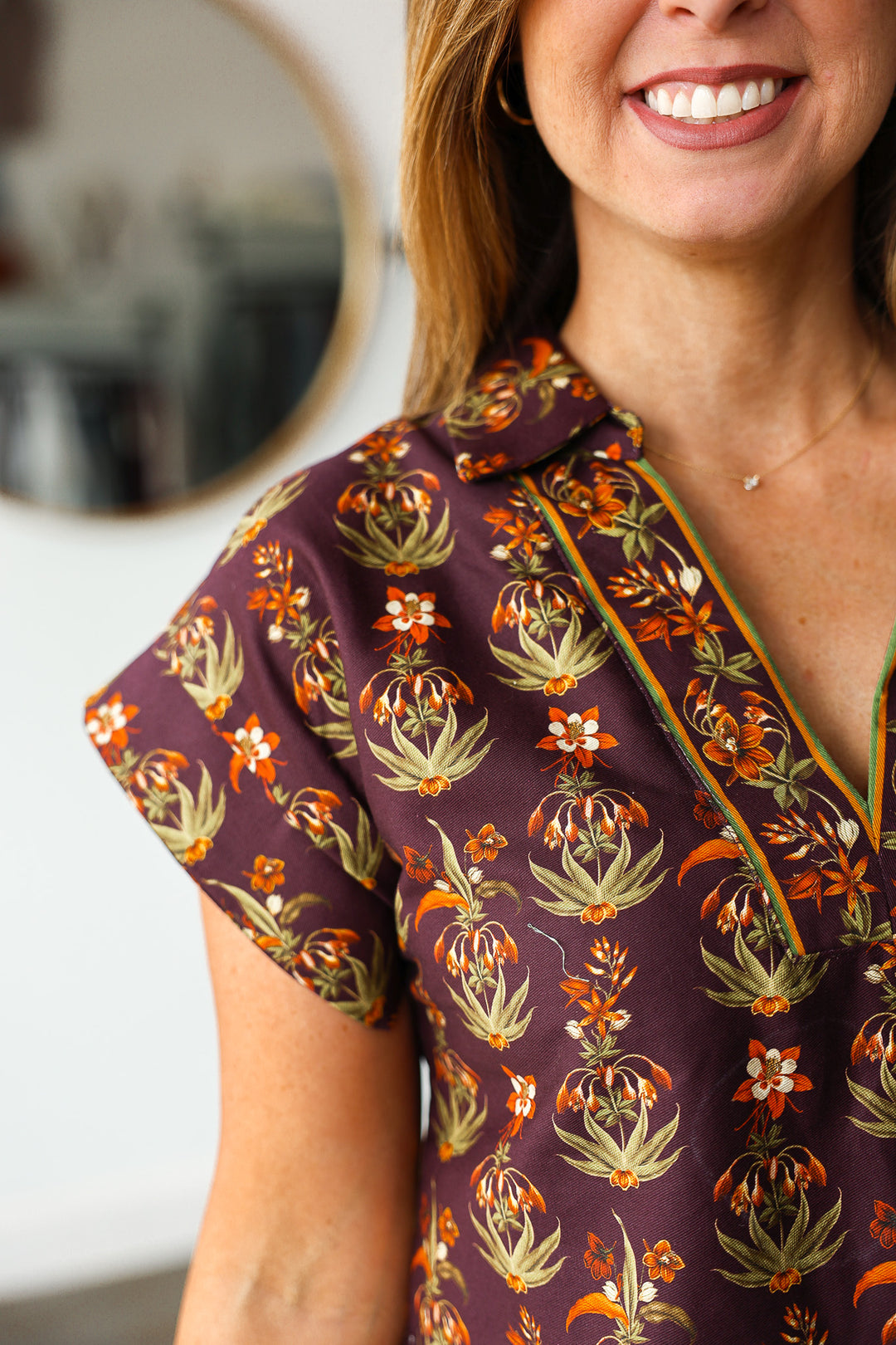 Printed V Neck Top - Eggplant
