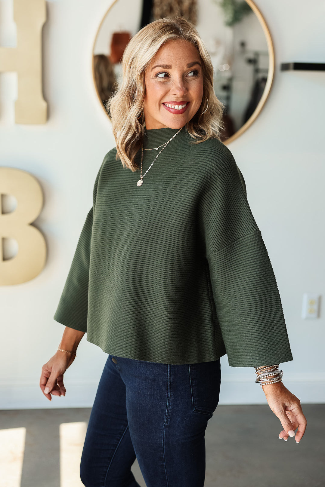 Ribbed Mock Neck Sweater - Green