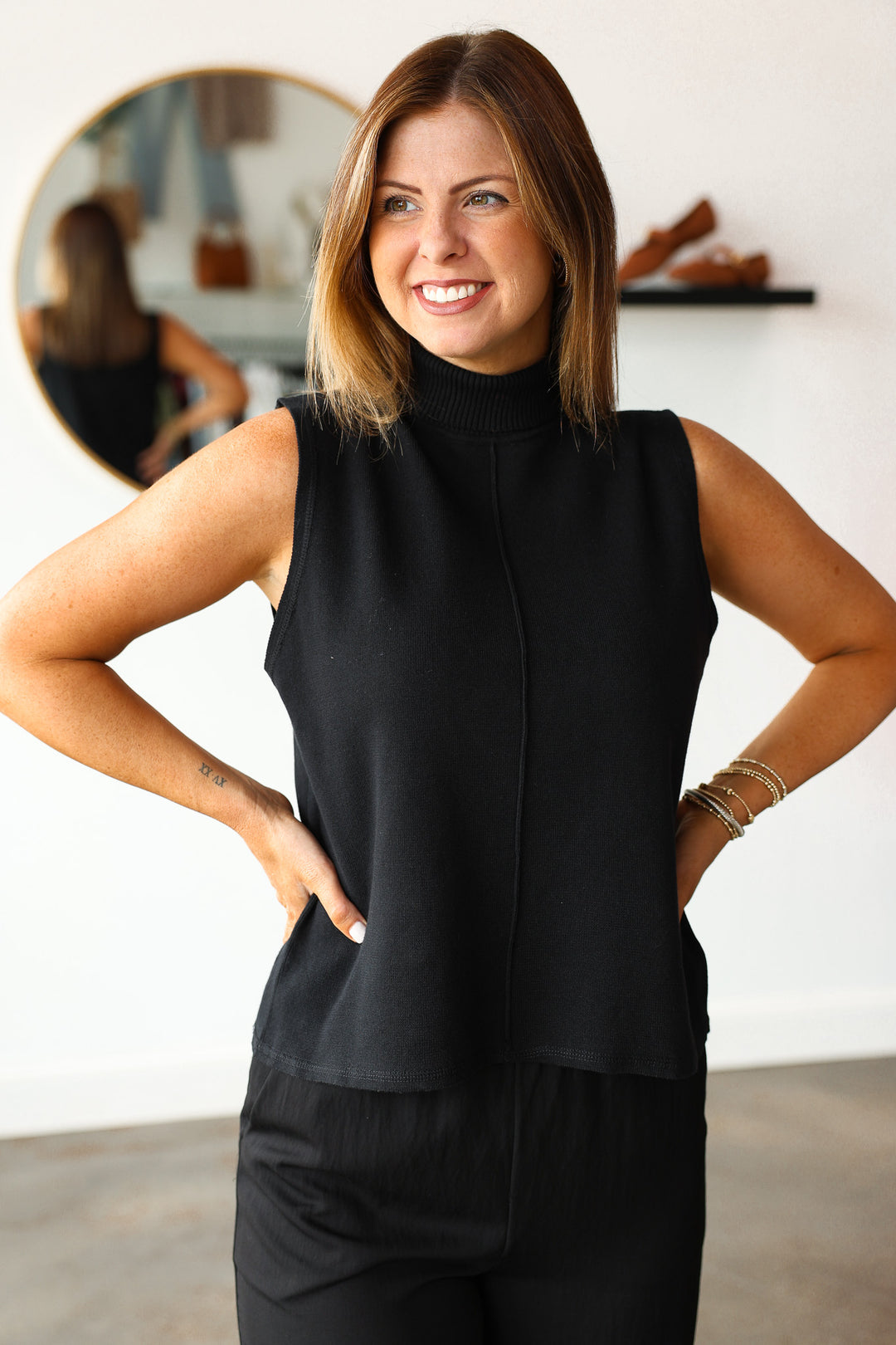 Roll Neck Knit Top - Black