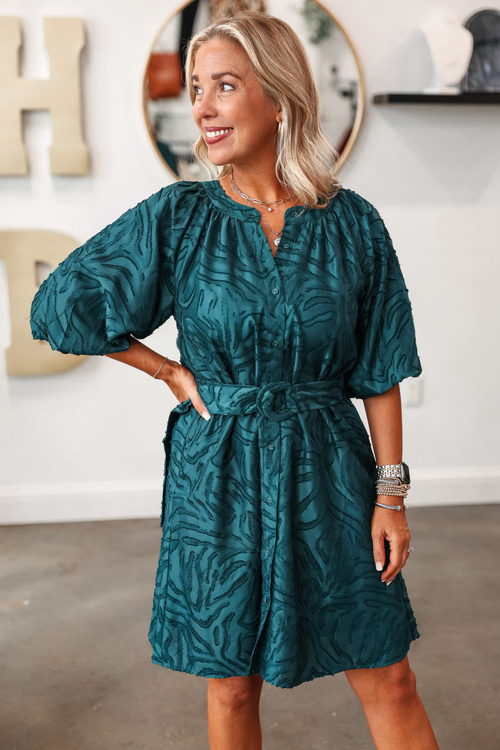 Textured Puff Sleeve Dress - Teal