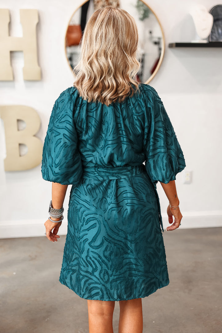 Textured Puff Sleeve Dress - Teal