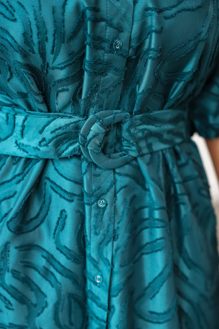 Textured Puff Sleeve Dress - Teal