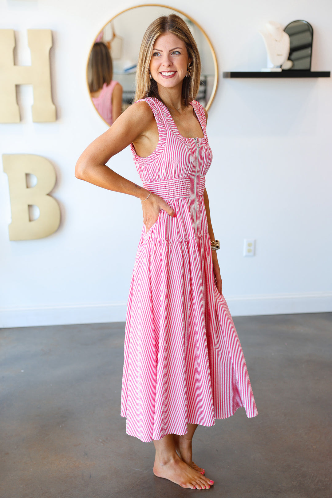 Seersucker Front Zip Dress - Pink