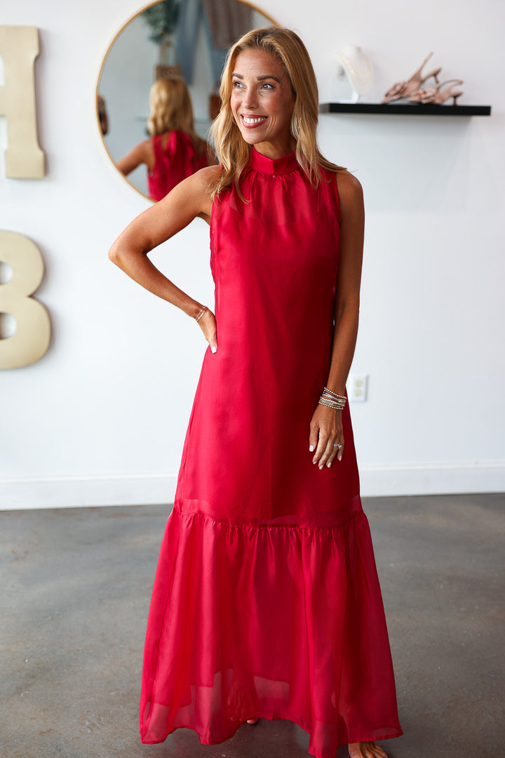 Organza Overlay Maxi Dress - Burgundy