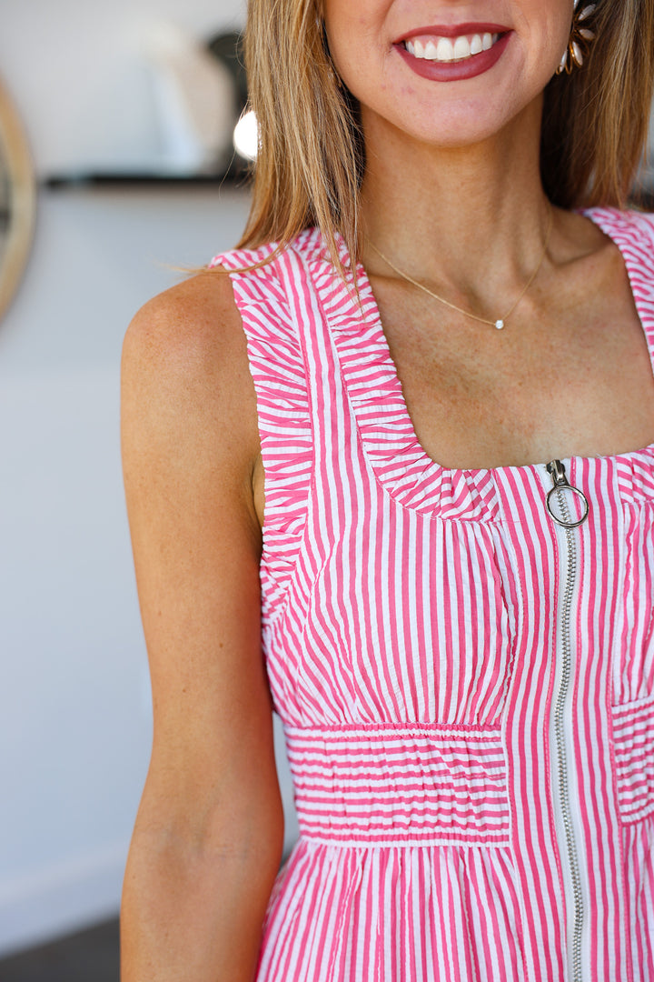 Seersucker Front Zip Dress - Pink