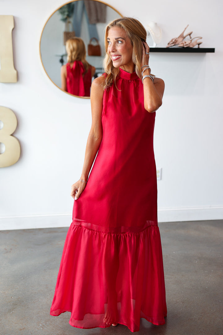 Organza Overlay Maxi Dress - Burgundy