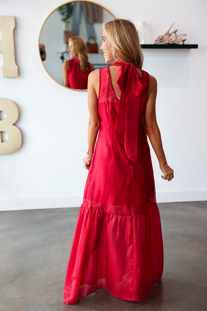Organza Overlay Maxi Dress - Burgundy