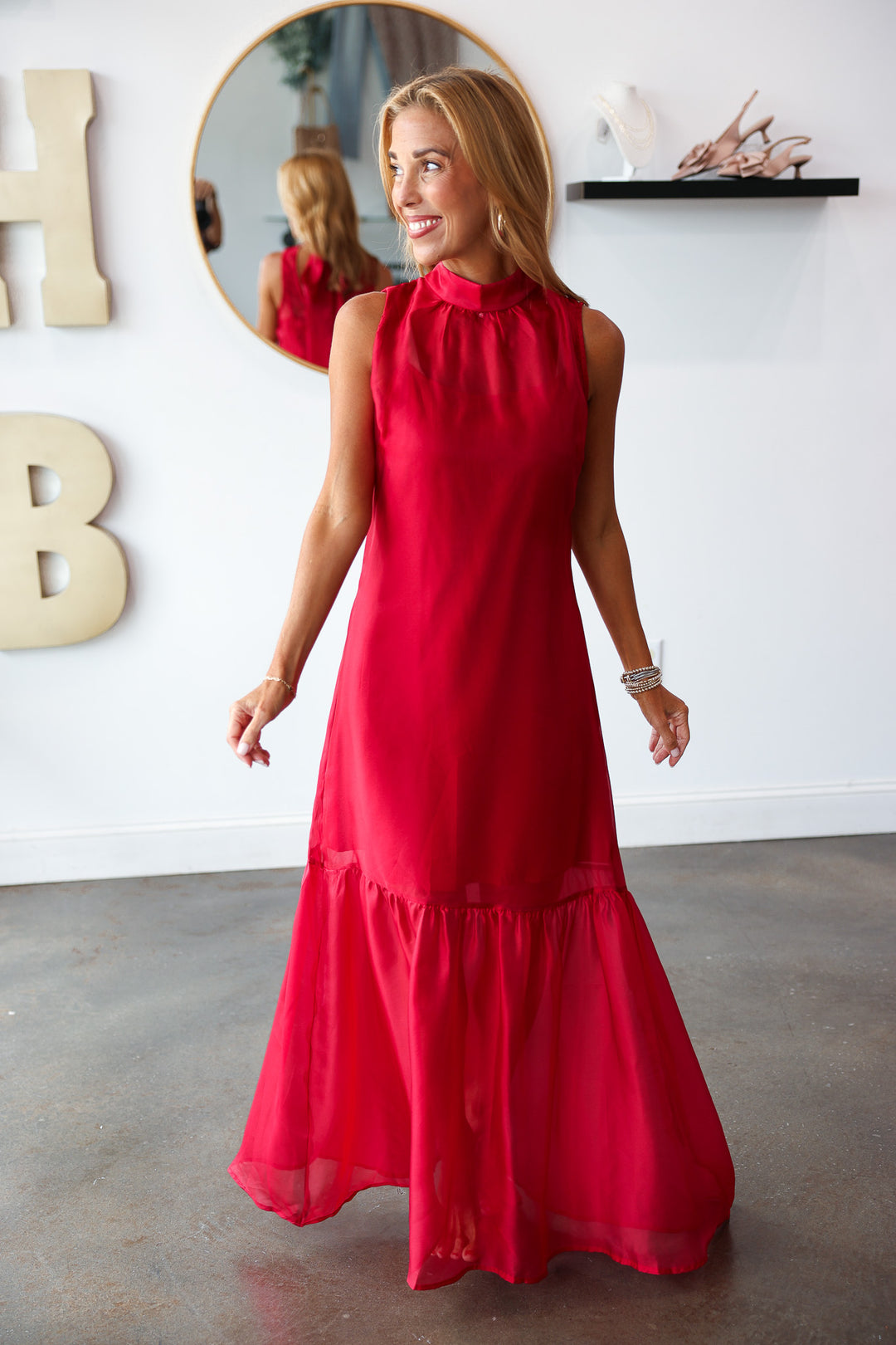 Organza Overlay Maxi Dress - Burgundy