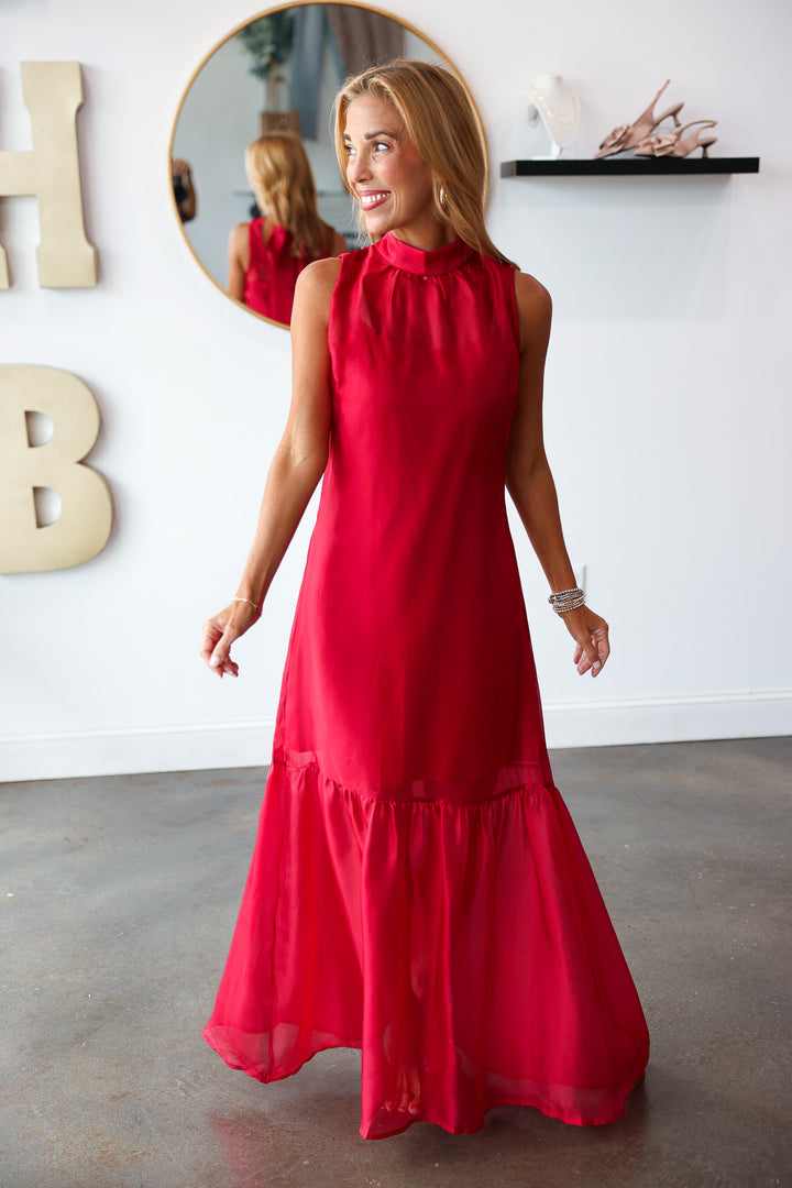 Organza Overlay Maxi Dress - Burgundy