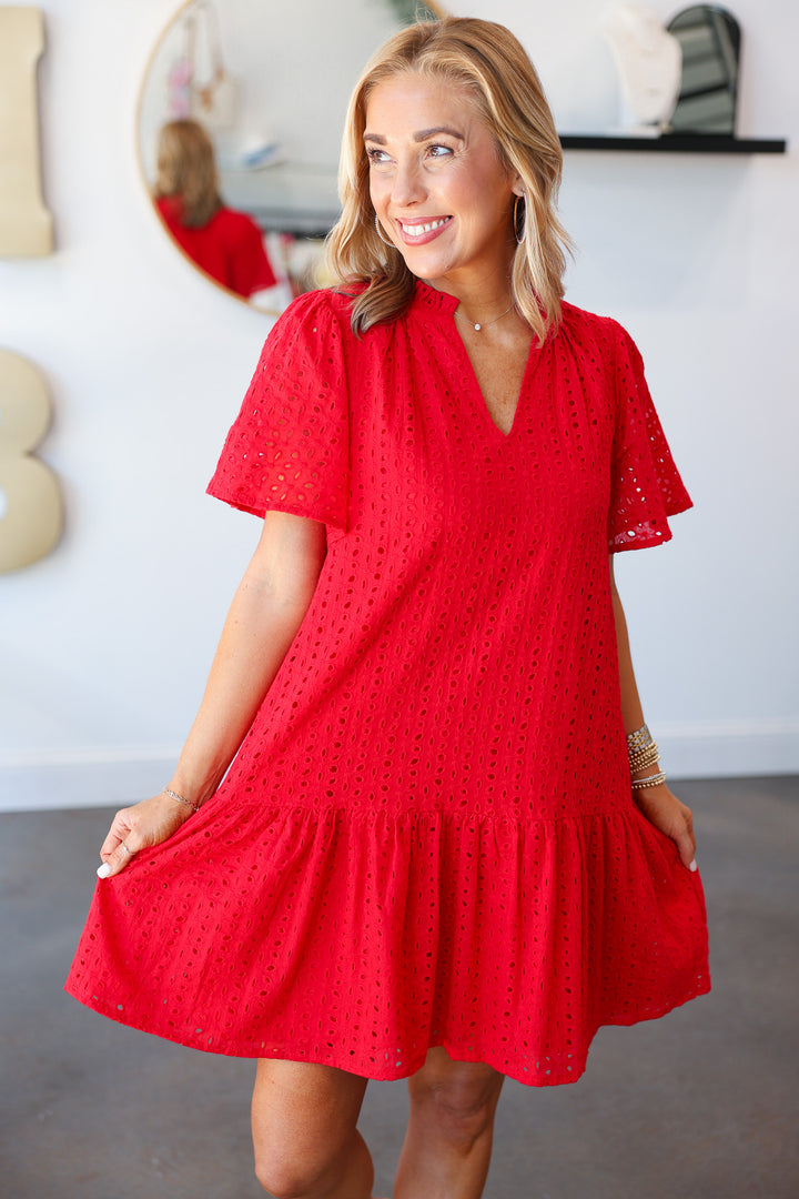 Eyelet Mini Dress - Red