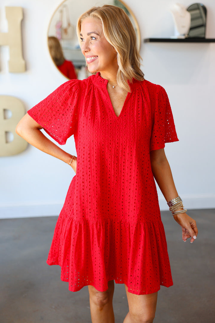 Eyelet Mini Dress - Red