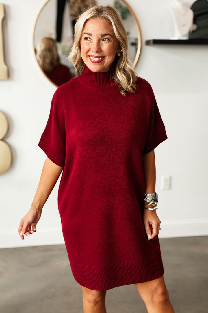 Short Sleeve Sweater Dress - Burgundy