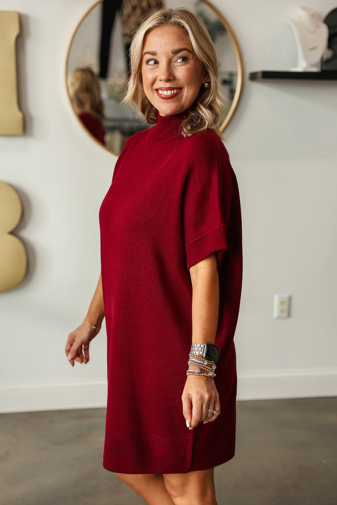 Short Sleeve Sweater Dress - Burgundy