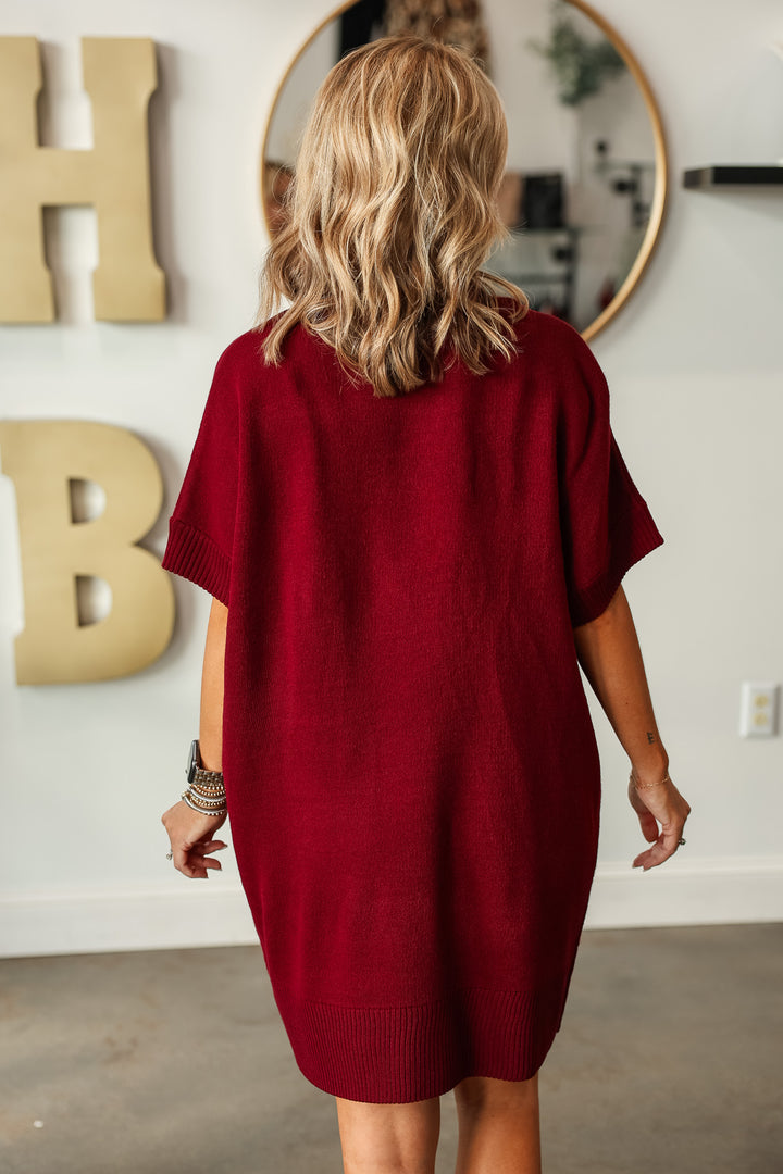 Short Sleeve Sweater Dress - Burgundy