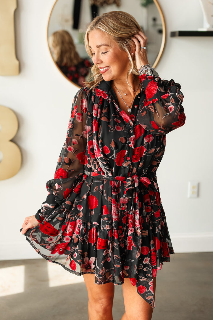 Floral Burnout Velvet Dress - Black/Red