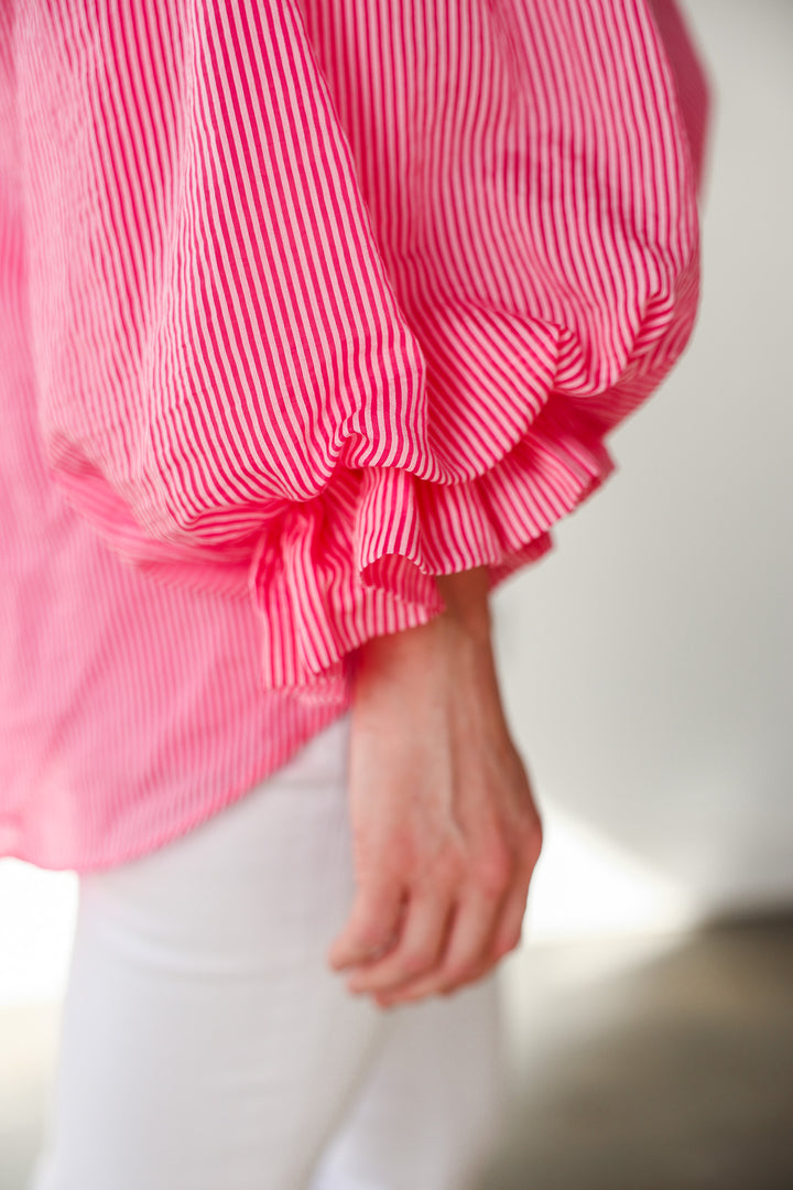 Bubble Sleeve Button Down Top - Pink