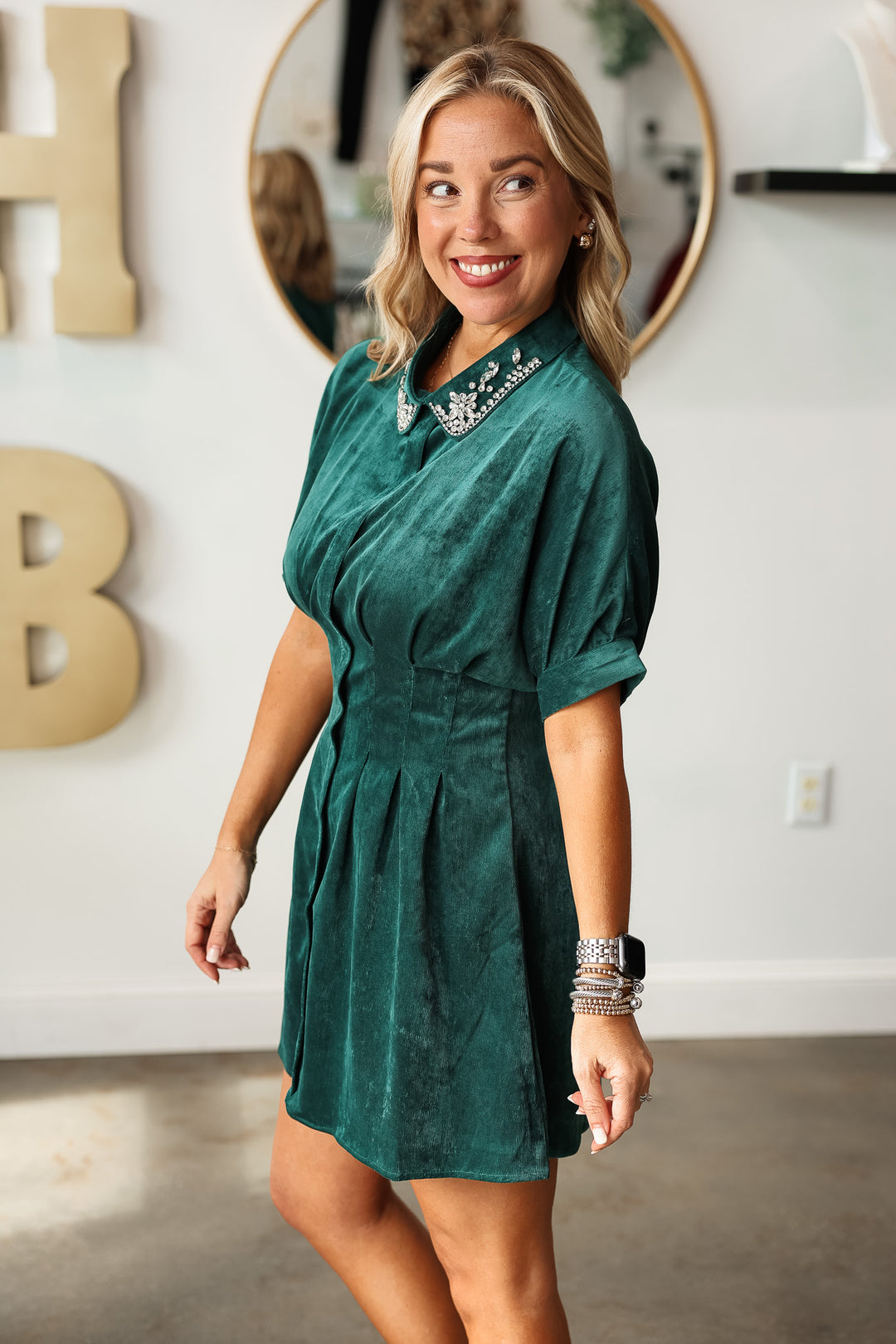 Rhinestone Collar Dress - Hunter Green