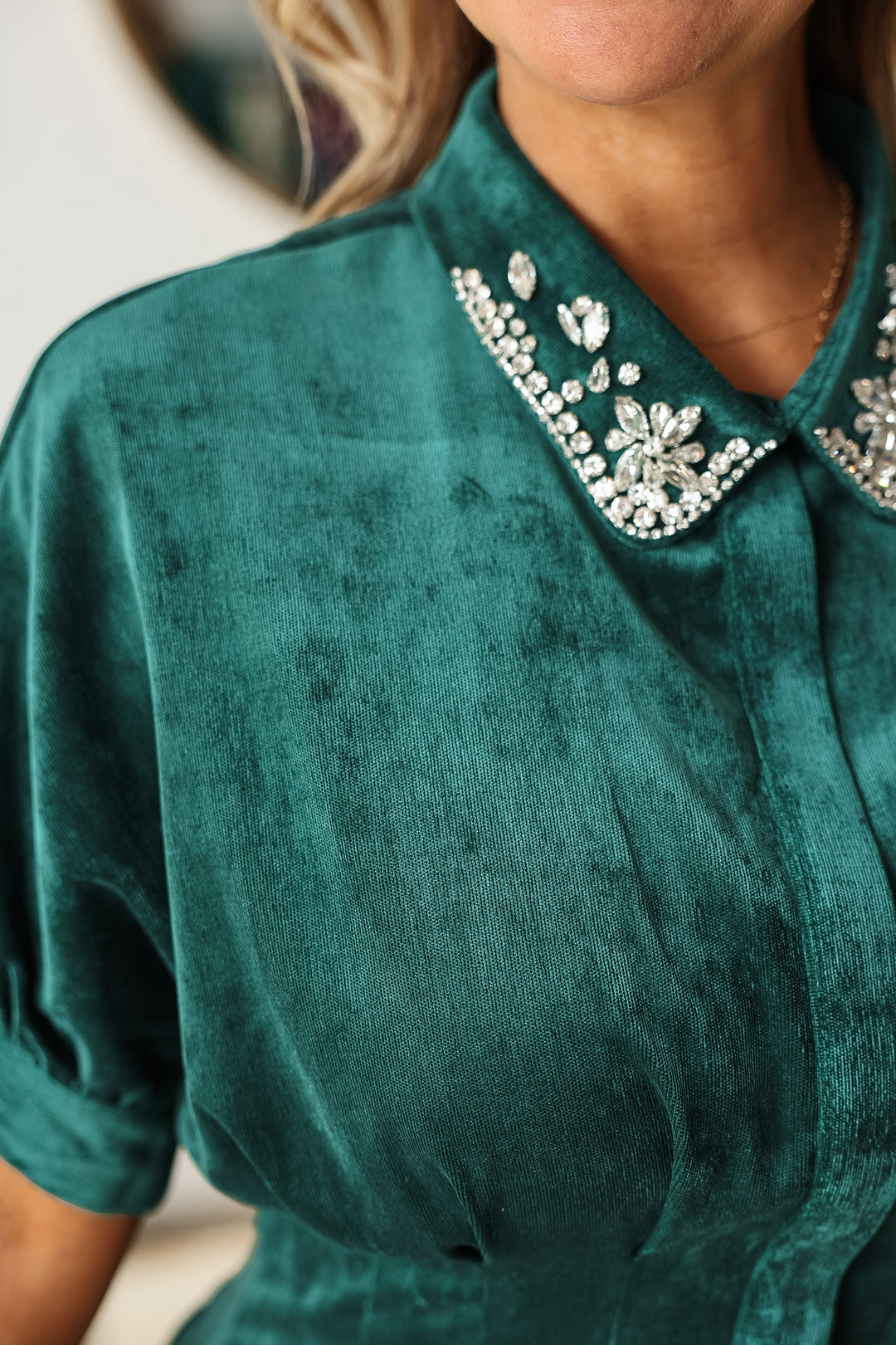 Rhinestone Collar Dress - Hunter Green