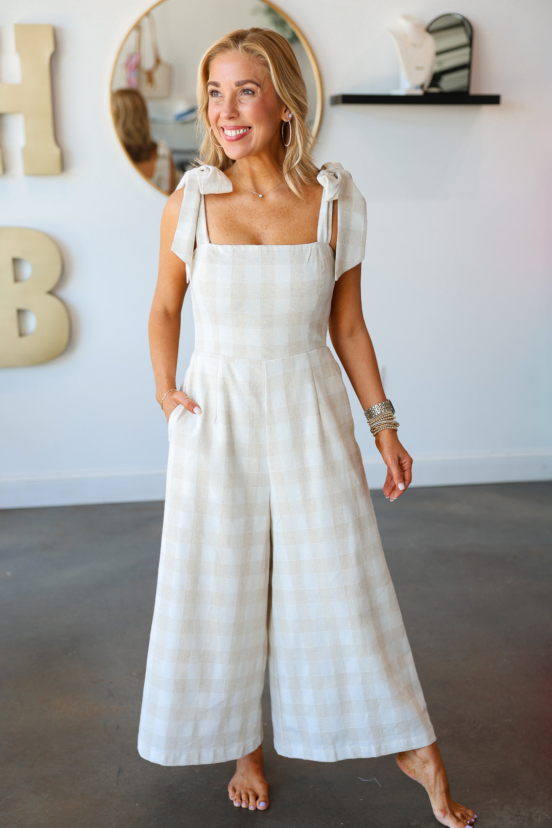 Gingham Jumpsuit - Cream