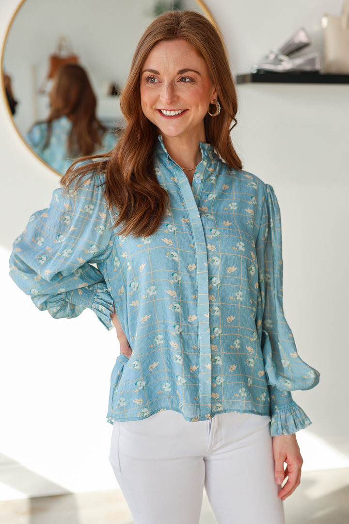 Floral Print Long Sleeve Blouse - Blue