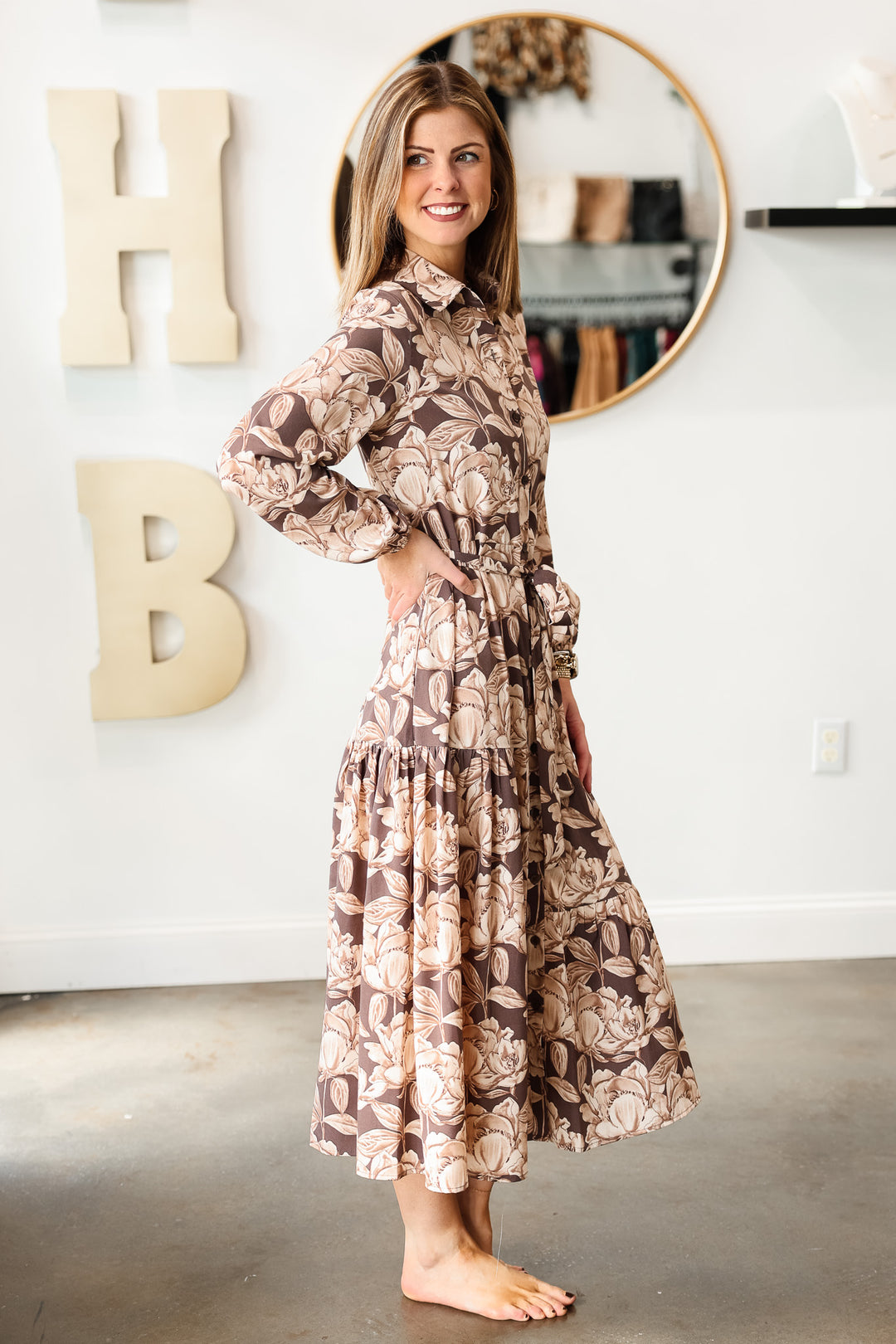 Floral Print Tie Waist Maxi Dress - Brown