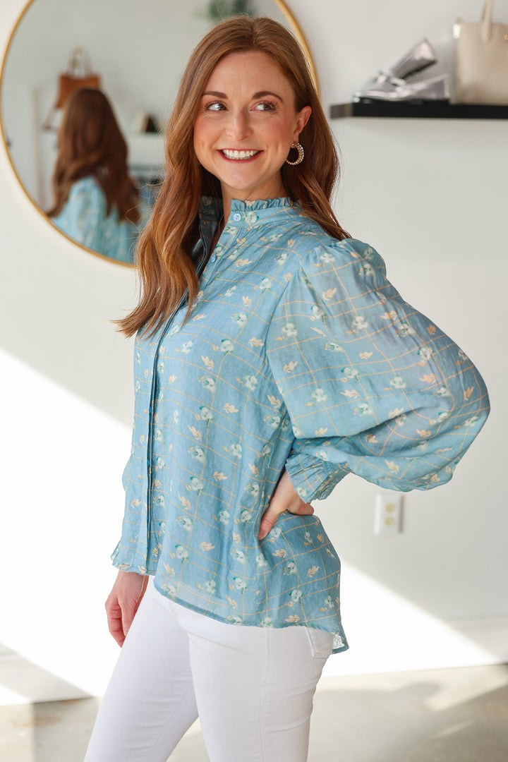 Floral Print Long Sleeve Blouse - Blue